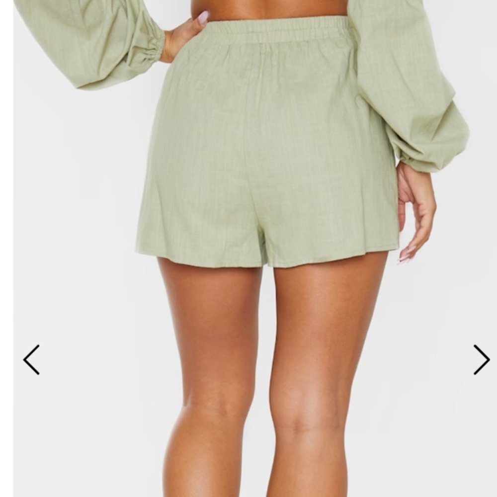 Prettylittlething Green Linen  Beach Shorts SZ USA 10 UK 14 - Picture 2 of 12